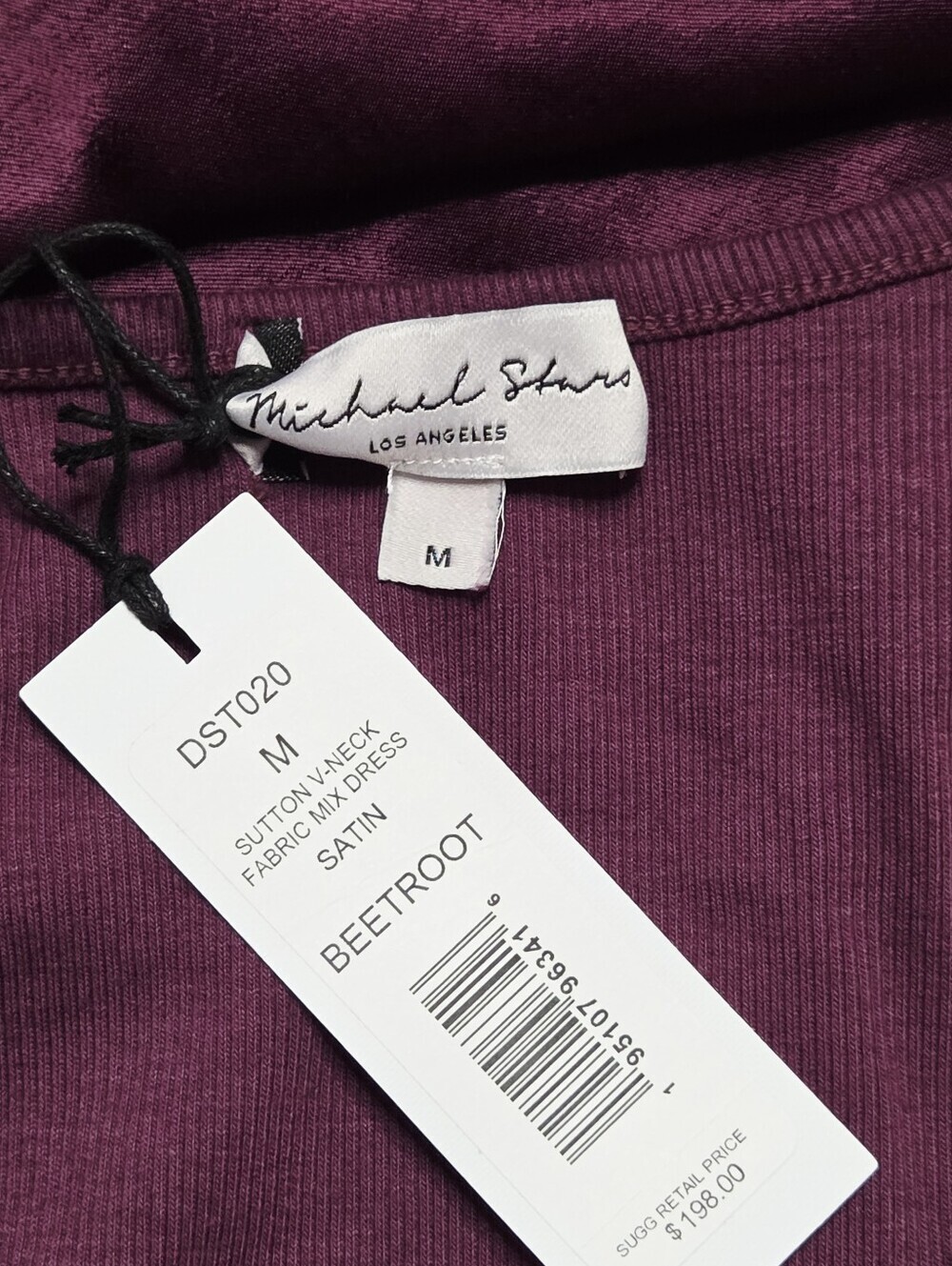Michael Stars Sutton V-Neck Mixed Media Midi Dress Beetroot Medium NWT - Picture 7 of 9